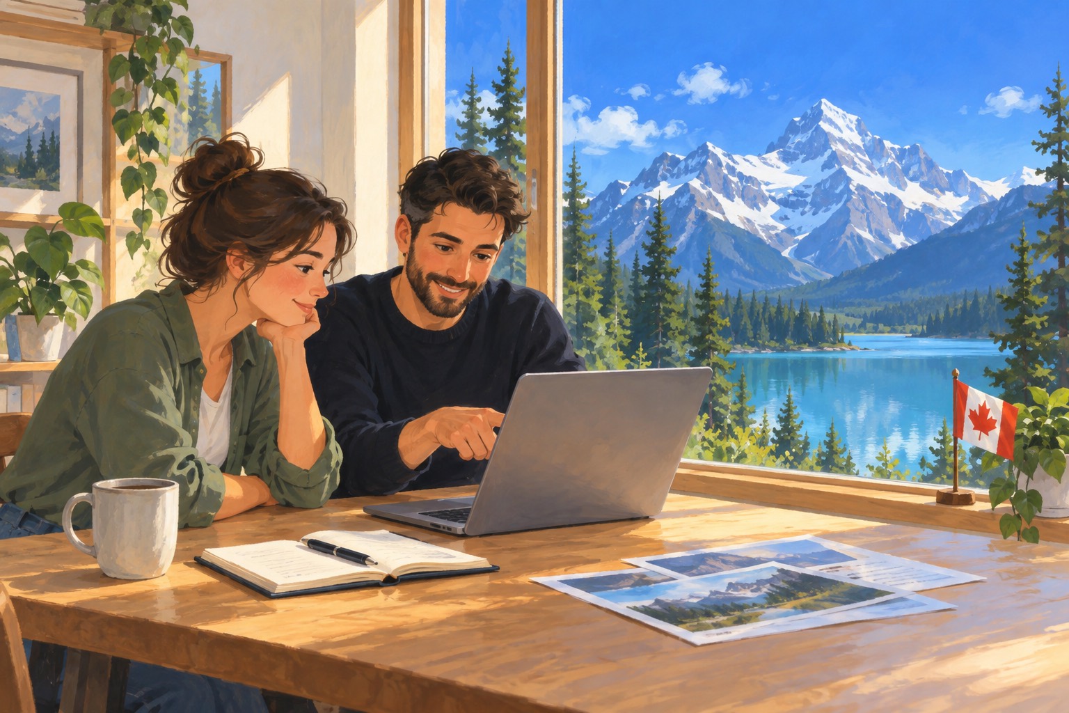 A business owner and a HAZL engineer reviewing a plan together, mountains behind the window